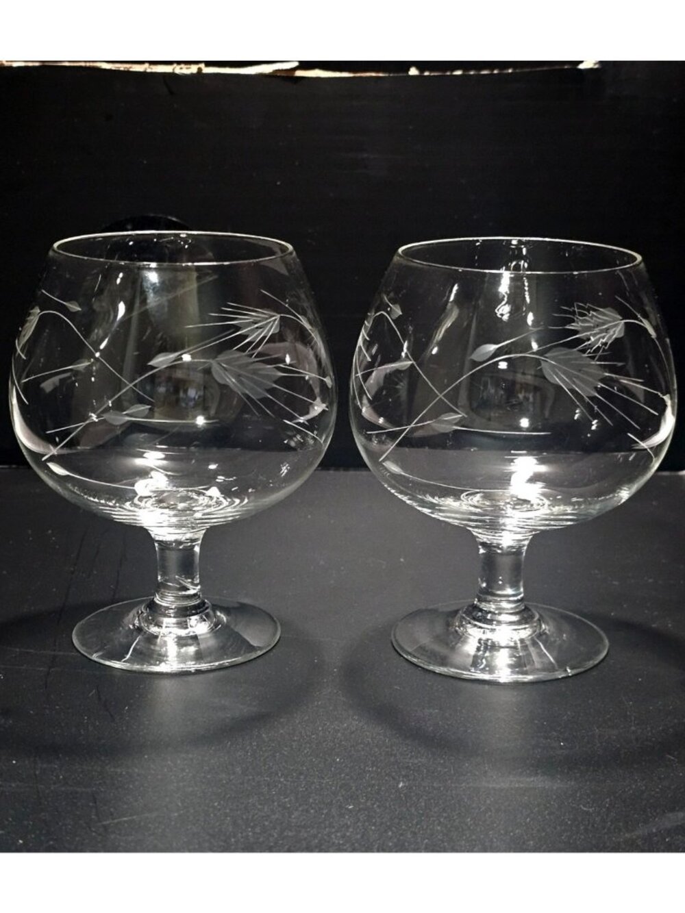 2 Sasaki Wheat Brandy Glasses snifters 4.5" etched vintage elegant glassware 195